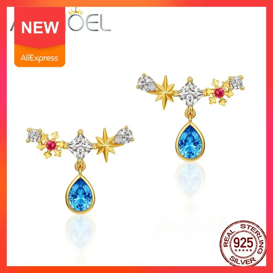 

ALLNOEL 925 Sterling Silver Stud Earrings For Women Moon &Star Nano Blue Zirconium Gold Earrings Fine Jewellry Wedding Gift