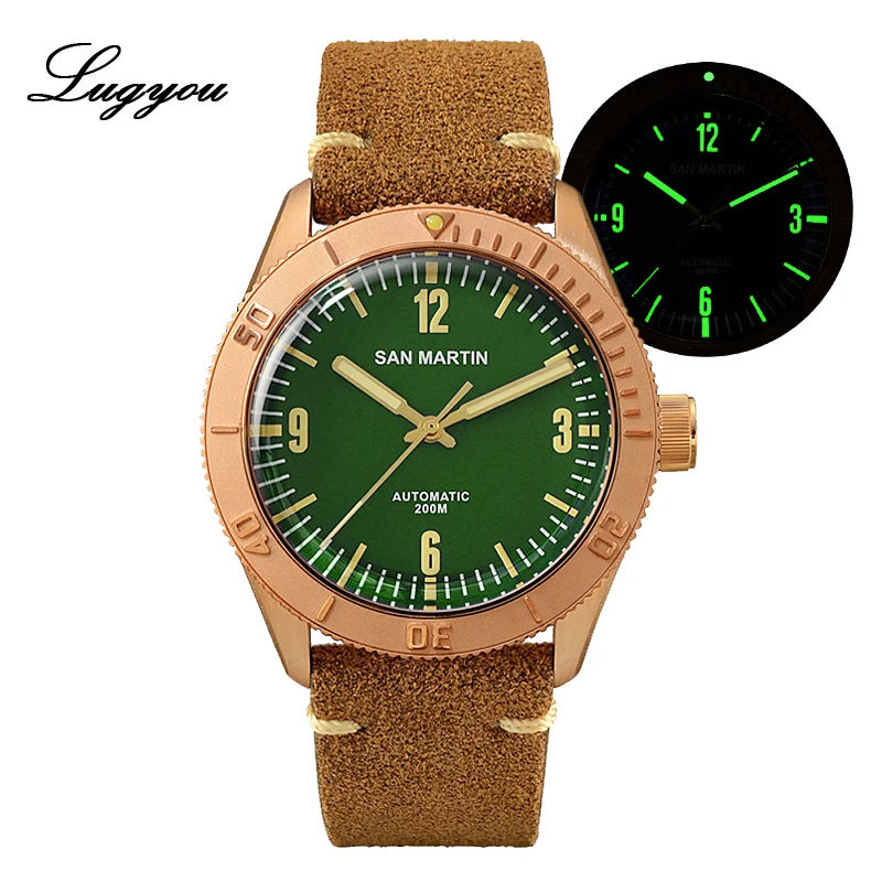 

Lugyou San Martin Bronze Diver Watch Automatic Rotating Bezel 200m Water Resistance Sapphire Domed Crystal Genuine Leather Strap