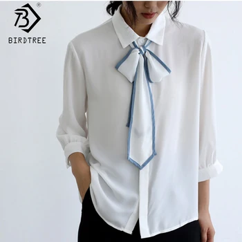 

Casual Shirts For Women 2020 Summer Autumn Bow Three Quarter Sleeve Single-breasted Chiffon Blouses Tops All Match T05512K