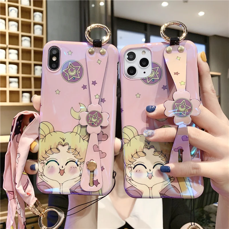 For iPhone 12/11 pro max case cute sailor moon cover iPX XS MAX/XR cartoon soft shell 6/6s+ kickstand girl gifts 7/8 plus+ strap | Мобильные