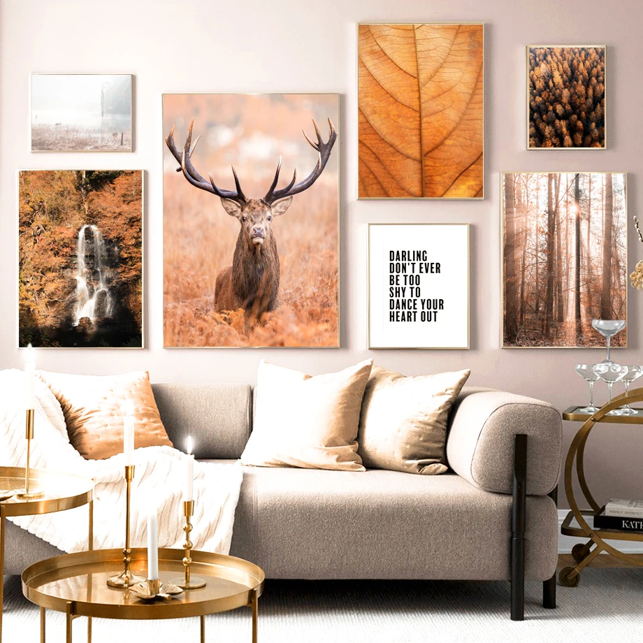 Autumn-Forest-Leaves-Lake-Waterfall-Deer-Wall-Art-Canvas-Painting-Nordic-Posters-And-Prints-Wall-Pictures