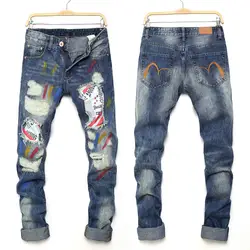 Мужские джинсы с потертостями в стиле хип-хоп, с дырками, полной длины, из хлопка, на молнии, средней длины, прямые штаны