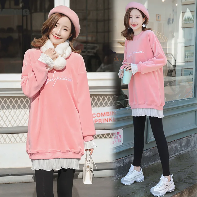

Photo Shoot 2019 Autumn And Winter Maternity Clothes Crew Neck Gold Velvet Lettered Joint Loose-Fit Hoodie Dress Large Size Dres