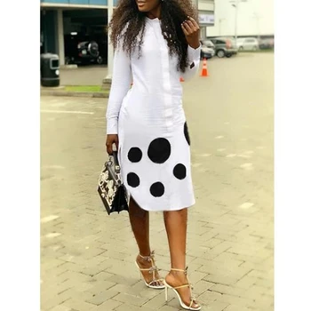 

Women Elegant Printed Long Sleeve Dress Ladies Round Dot O-neck Dresses Female Loose Knee-length Dress