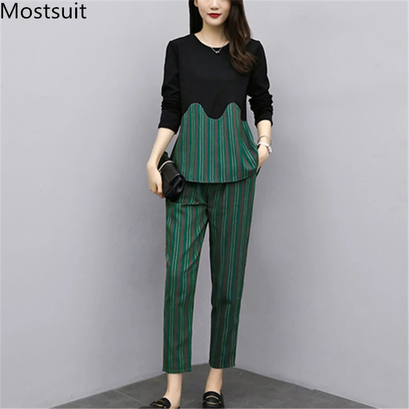 

L-5xl 2019 Autumn Striped Two Piece Sets Outfits Women Plus Size Long Sleeve Tops And Pants Suits Office Elegant Korean Sets