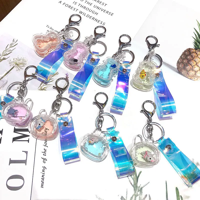 

2019 New Liquid Animal Round Keychain Creative Moving Key Ring Car Key Pendant Birthday Gift Delicate New Keychain Cartoon