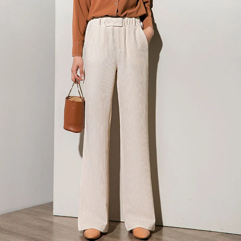 WQJGR осенние и зимние вельветовые брюки с высокой талией, женские широкие брюки полной длины, женские брюки - Цвет: Creamy-white