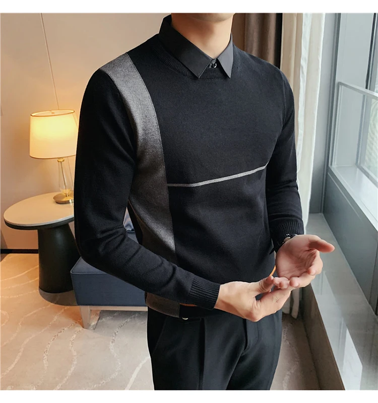 Top Quality 4XL-M Business Fake-2Pieces Striped Sweaters For Men Clothing Simple Slim Fit Casual Knitted Pullovers Pull Homme