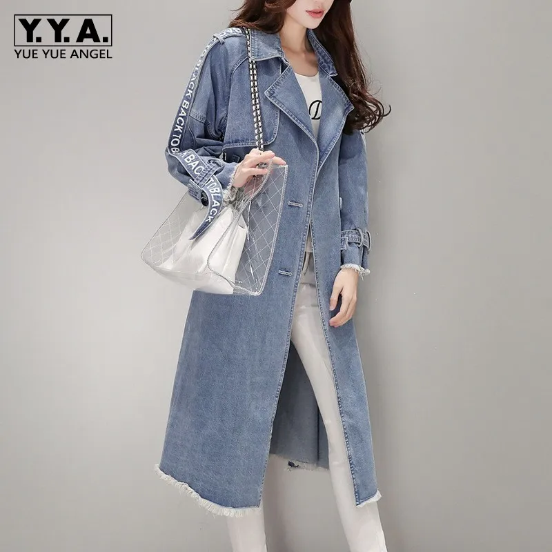 Korean Fashion Women Long Denim Coat Spring Autumn Double Breasted Slim Blue Outerwear Streetwear Casual Sashes Windbreakers