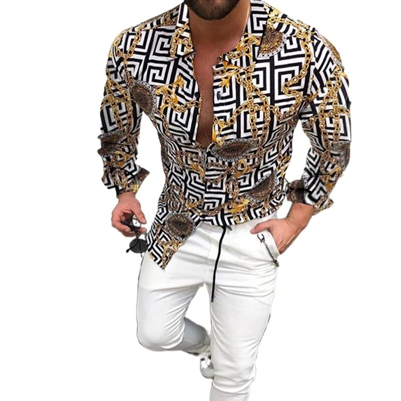 

2021 Summer Men's Retro Printed Tops Short-sleeved Fashion Nation Style Stand Collar Men's Casual Shirts