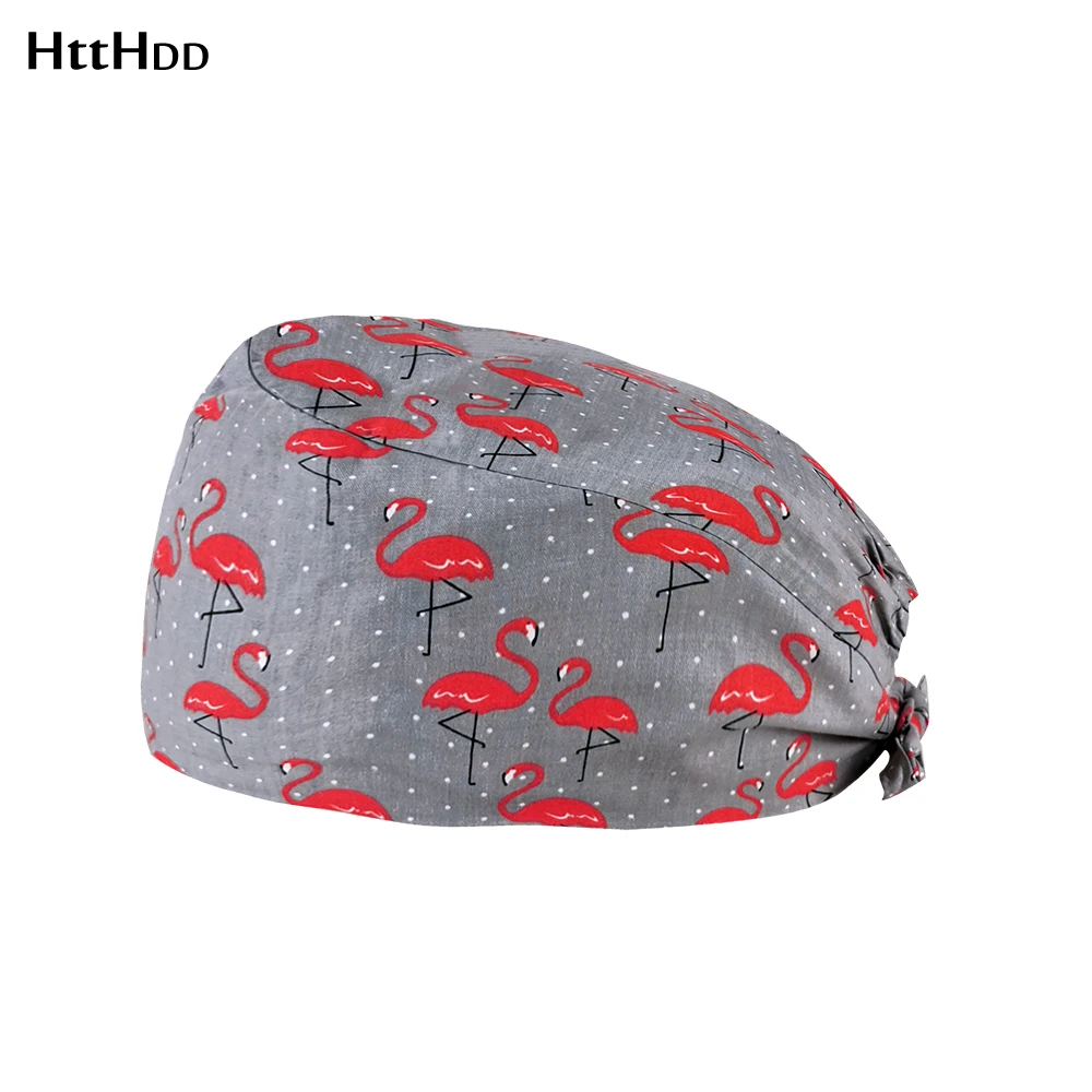 

adjustable cartoon print Grey Flamingo scrub caps Pet Health Check Center scrub hats Nutritionist work ElasticTieback Tail cap