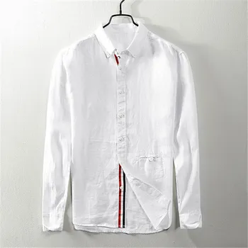 

Autumn 2019 new long sleeve Linen Shirt leisure retro color belt hemp buckle pocket square collar shirt 9023