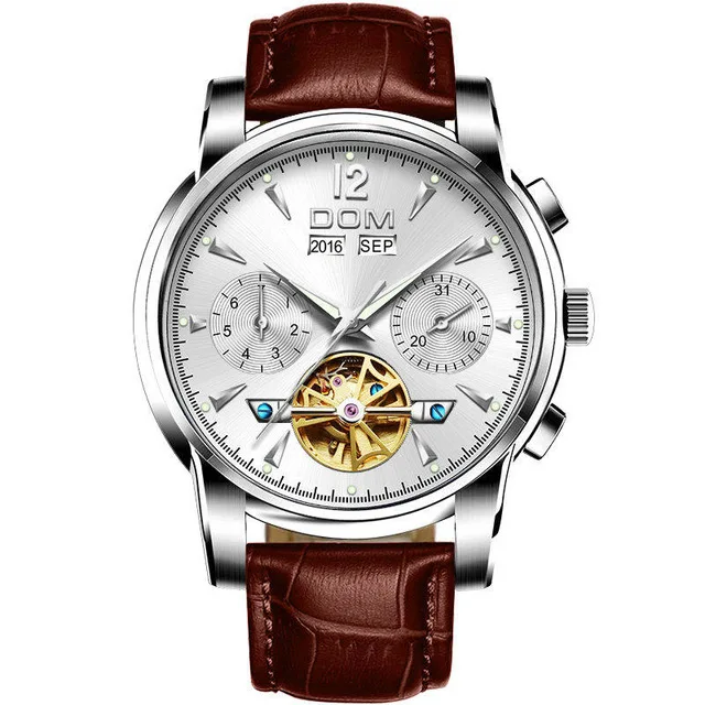 Leather White DOM полностью черные турбийон механические часы мужские светящиеся Дата нержавеющая сталь Группа Автоматические наручные часы мужские Erkek Kol Saati - Цвет: Leather White