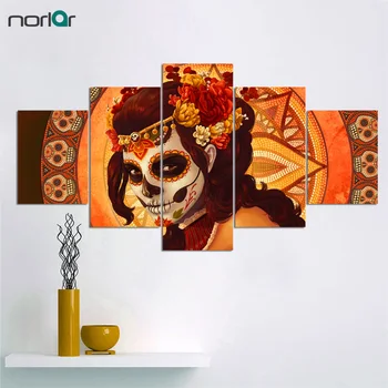 

Unframed 5 Pcs Printed Multicolor Day of The Dead Face Group Canvas Painting Room Decor Print Poster Picture Canvas Decoration
