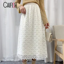 

CAIFISH Floral Printed Lace Warm Skirt Plaid Leaves All-match Kawaii Skirts Autumn Winter 2021 A-line Long Maxi Skirt QT1298