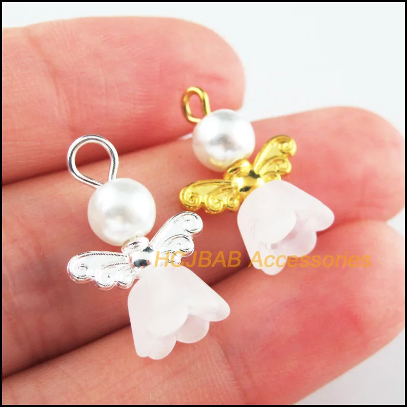 25Pcs Retro Gold Silver Plated White Acrylic Angel Charms Pendants 14x19mm