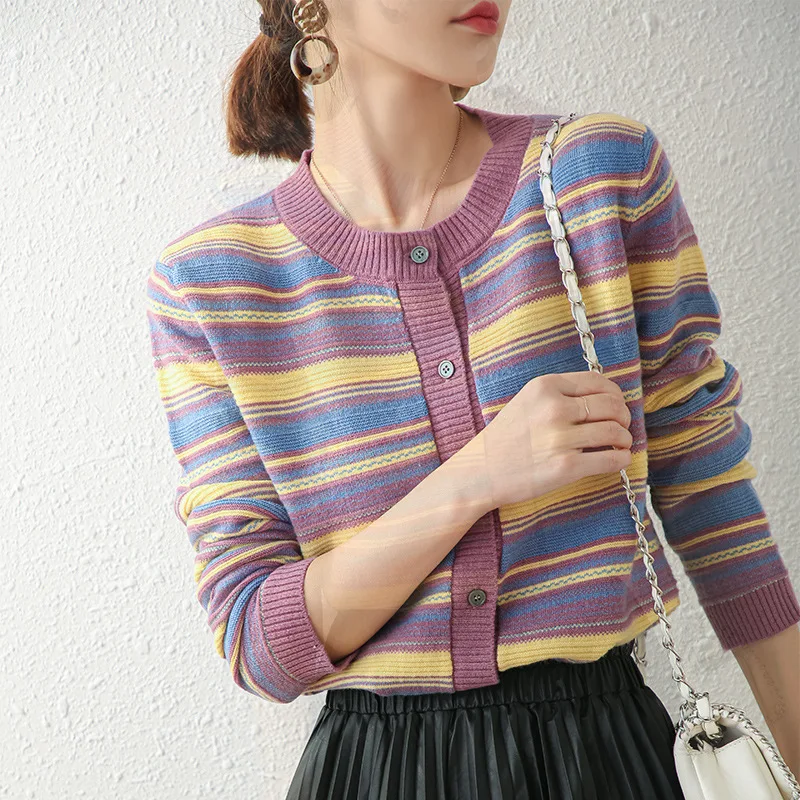 

Sparsil Woman Winter 100% Pure Cashmere Candigan Female Knit Colorful Stripe Button Soft Sweater O-Neck Loose Chic Elegaht Tops