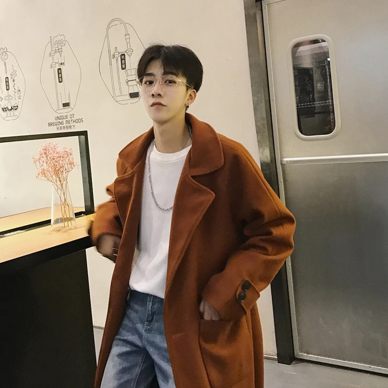 

Winter Woolen Coat Men's Fashion Retro Solid Color Casual Long Woolen Jacket Man Streetwear Wild Loose British Style Overcoat