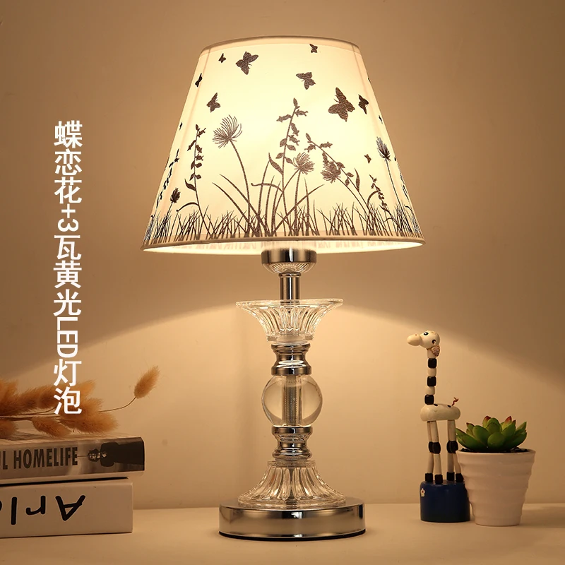 Современный простой полотняный абажур для учебы, спальни, прикроватная лампа, настольная Европейская мода, светодиодный хрустальный Настольный светильник E27