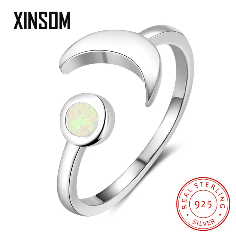 

XINSOM Korean Fashion Real 925 Sterling Silver Moon Opening Rings For Women Elegant Party Wedding Opal Rings Girls Gift 20XS1123