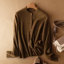 

SHUCHAN Cute Cardigan Women100% Wool Single Breasted Thick Single Breasted Woman Sweaters Fashion Vintage