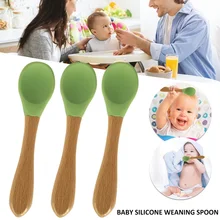 Cuillère d'entraînement d'alimentation pour bébé, manche en bois cuillère en Silicone pour bébé ustensiles manger aliments solides, formation pour enfants vaisselle pour enfants 3 pièces 