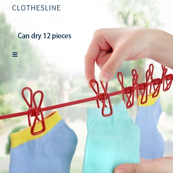 

Portable Camping Equipment Windproof Clothes Line Telescopic Line With 12 Clamp Clips Hooks Suit for Family Travel Outdoor Tools