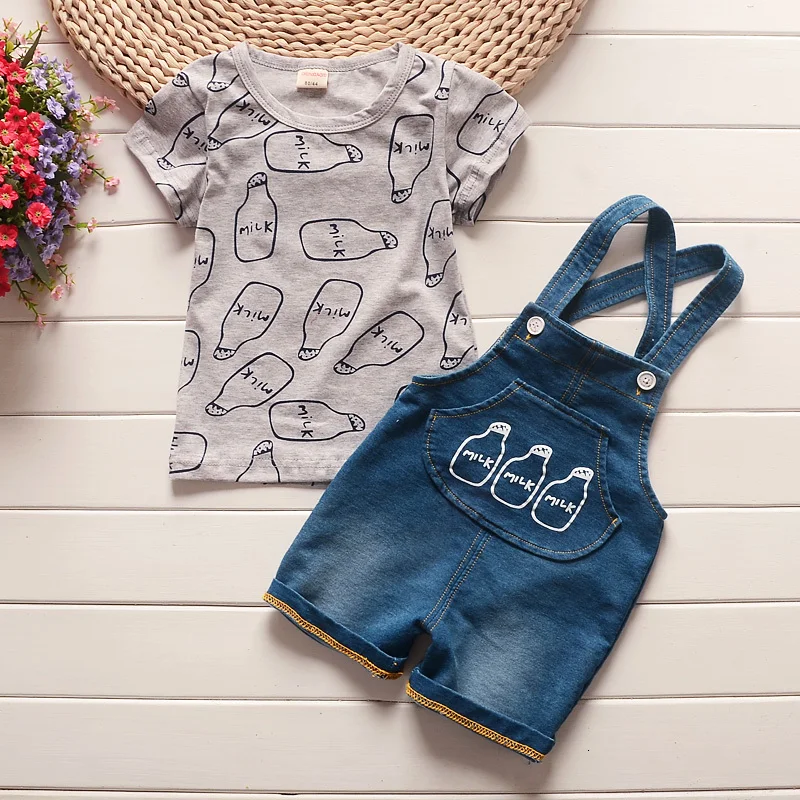 BibiCola/ комплекты одежды для маленьких мальчиков летняя футболка с рисунком+ джинсовый комбинезон комплект одежды из 2 предметов для малышей Повседневная Спортивная одежда для малышей