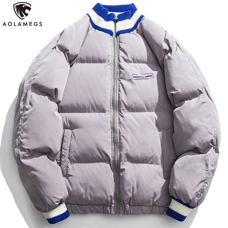

Aolamegs Winter Jacket Men Solid Color Cotton Padded Jacket Men Stand Striped Collar Thick Windproof Fashion Cargo Streetwear