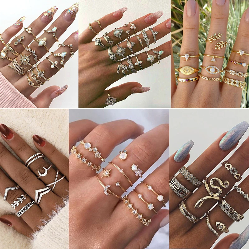 14Pcs/Set Boho Stack Crystal Flower Moon Sun Knuckle Ring Midi Finger RingsSY MA | Australia - Foto 4