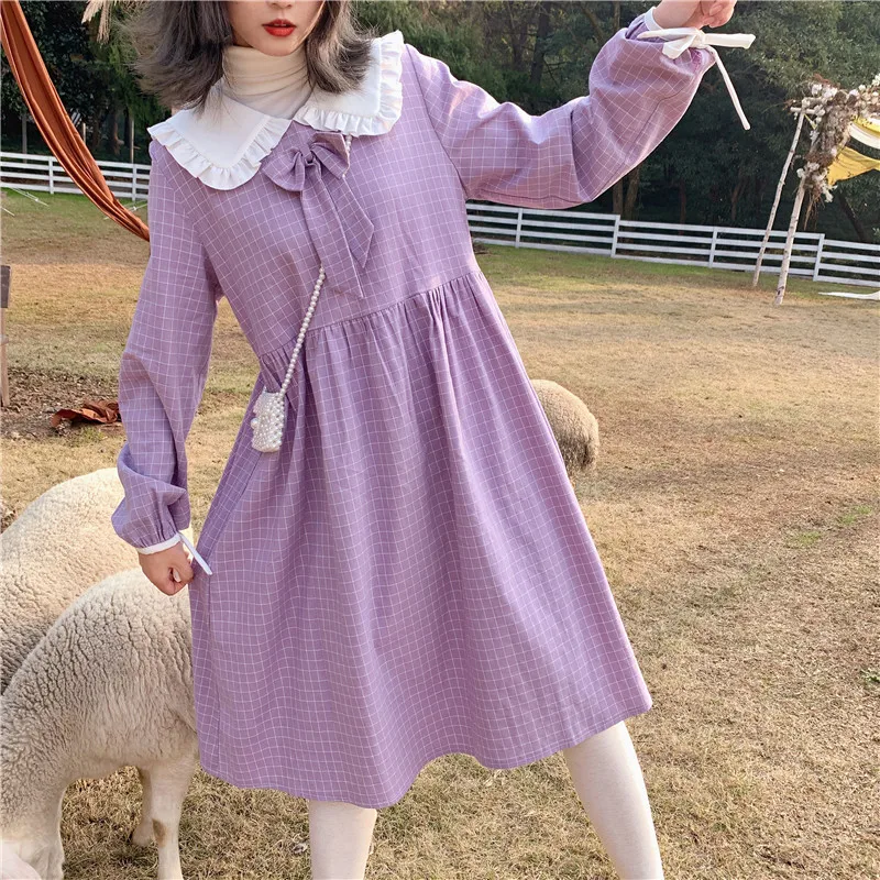Японский консервативный стиль весна осень Женское платье миди воротник Питер Пэн фиолетовое клетчатое платье с бантом Свободные платья милые платья в стиле Лолиты