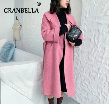 

Fashion Women Streetwear Wool Coat Winter 2019 New Female Medium Long Turn-down Collar With Belt Cashmere Cloth Casual Overcoat