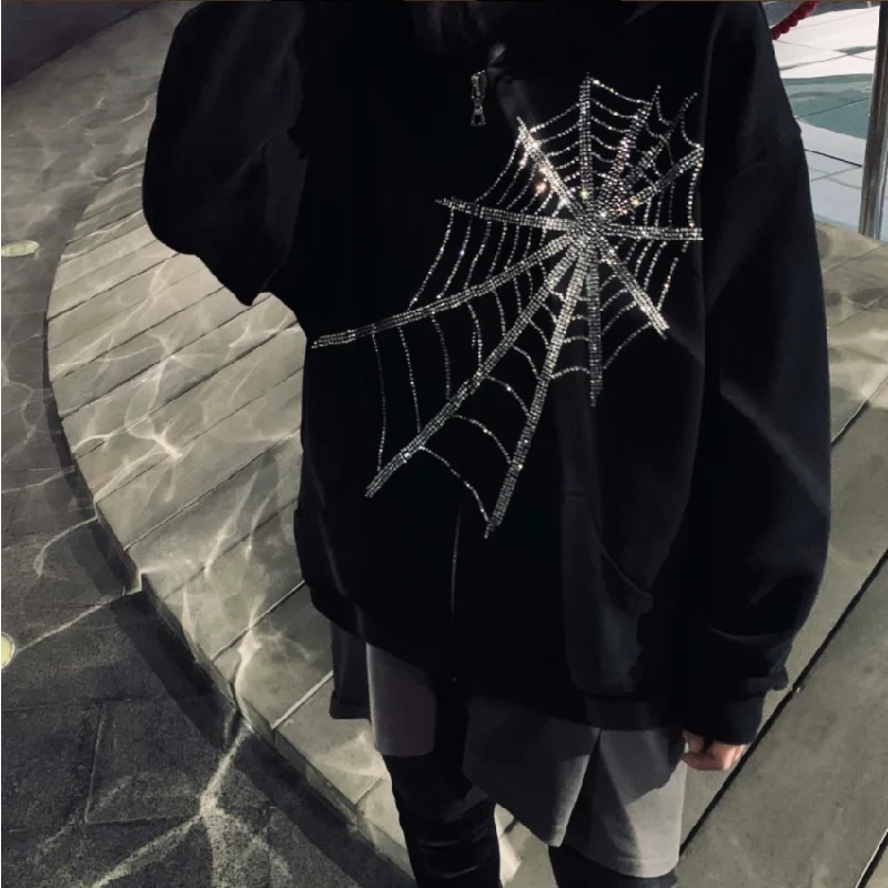 Gothic Rhinestone Spider Web Zipper Hoodie Women Punk Long Sleeve Loose Oversized Sweatshirt  2021 Autumn Casual Streetwear Coat
