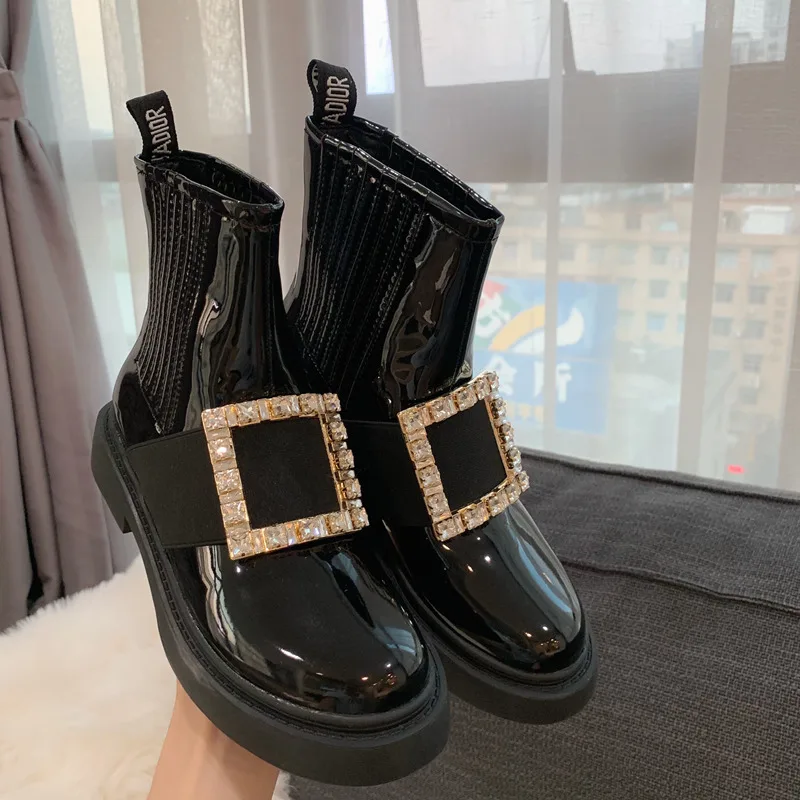

Shoes Chunky Heel Women's Short Boot Low Heels booties Rubber Boots Booties Ladies Round Toe Lace Up Crystal Chelsea Luxury