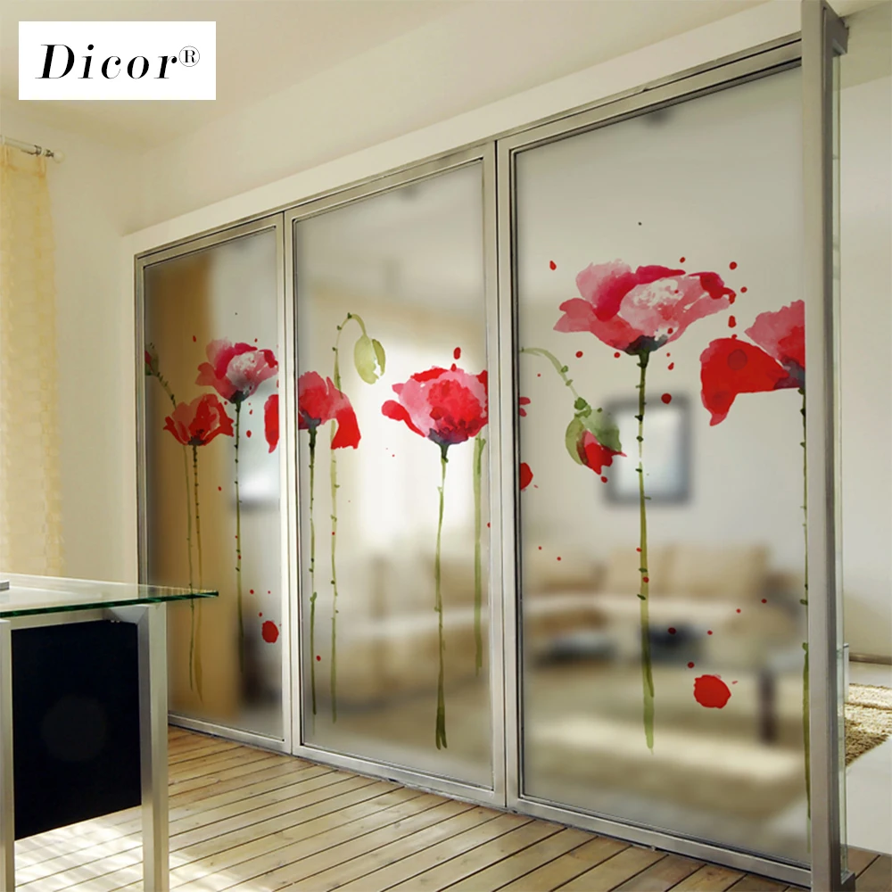 Red Poppy Flower Stained Glass Adhesive Film Flowers Window Stickers