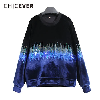 

CHICEVER Sequins Patchwork Sweatshirt For Women O Neck Long Sleeve Hit Color Velvet Pullover Top Female Casual Fashion 2020 Tide