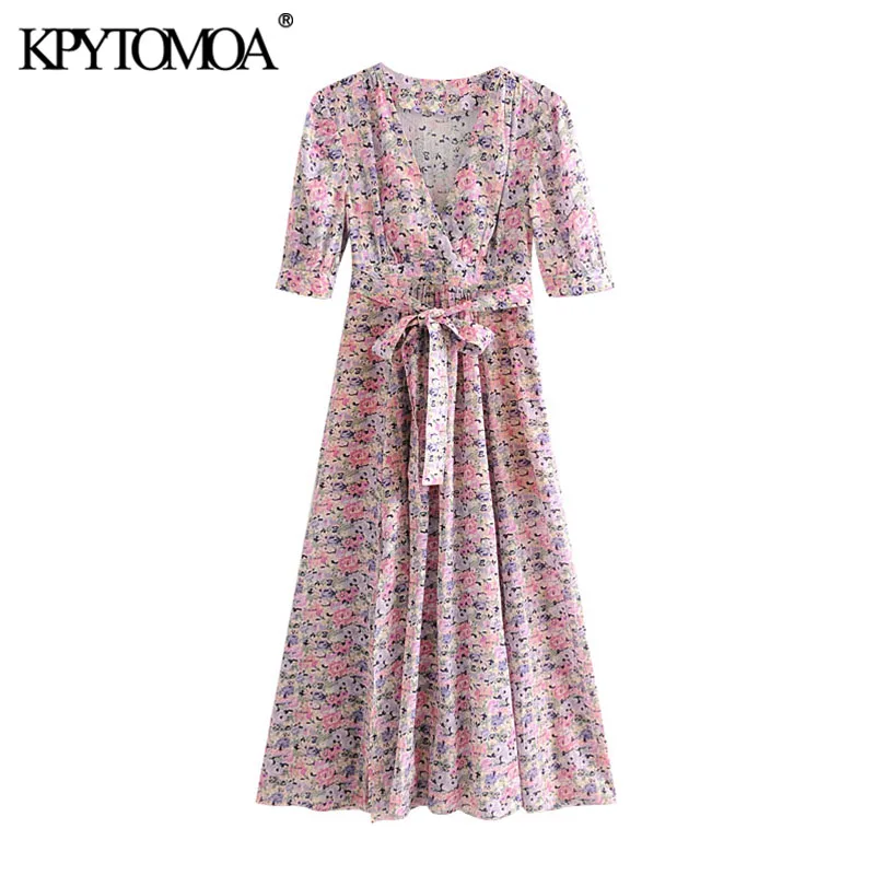 KPYTOMOA Women 2020 Chic Fashion Floral Print With Belt Midi Dress Vintage V Neck With Lining Side Zipper Slit Female Dresses KPYTOMOA Women 2020 Chic Fashion Floral Print With Belt Midi Dress Vintage V Neck With Lining Side Zipper Slit Female Dresses