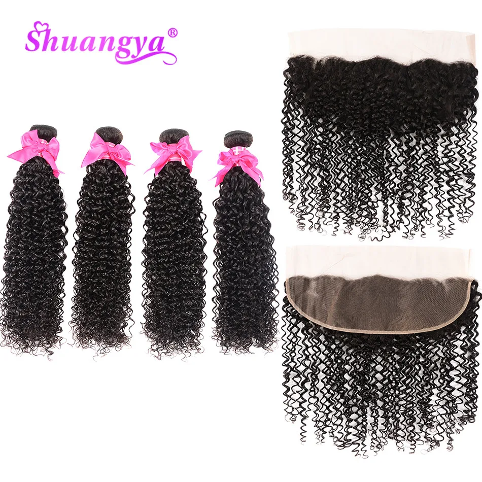 

Shuangya Hair Peruvian Kinky Curly Bundles With Frontal 100% Human Hair 3/4 Bundles With Frontal Remy Hair Frontal With Bundles