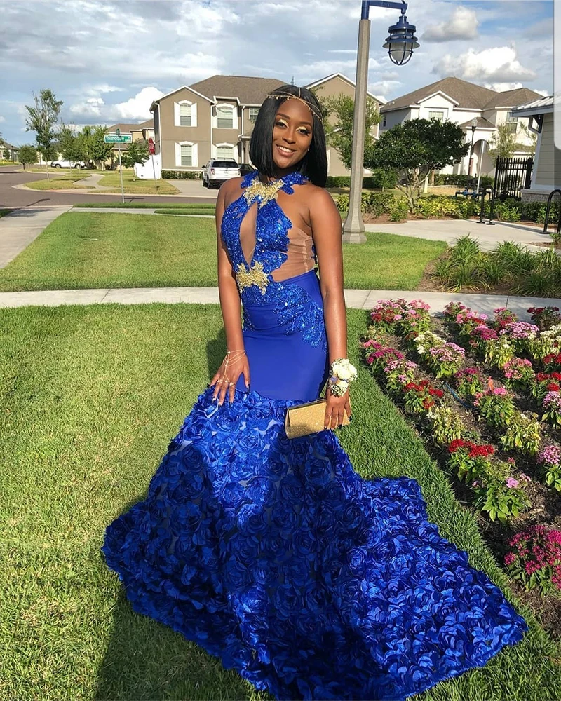 Королевское синее платье для выпускного вечера Русалка es африканская темнокожая девушка сексуальная прозрачная верхняя Золотая аппликация 3D Цветы длинное платье для выпускного вечера
