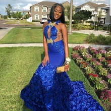 Королевское синее платье для выпускного вечера Русалка es африканская темнокожая девушка сексуальная прозрачная верхняя Золотая аппликация 3D Цветы длинное платье для выпускного вечера