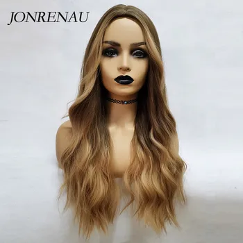 JONRENAU Heat Resistant Long Natural Wave Hair Synthetic Ombre Brown to Blonde Wigs for White/Black Women 1