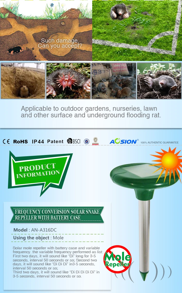 2 X Free Shipping Aosion Outdoor electric sound wave solar snake rodent mole gopher vole repellent repeller pest control