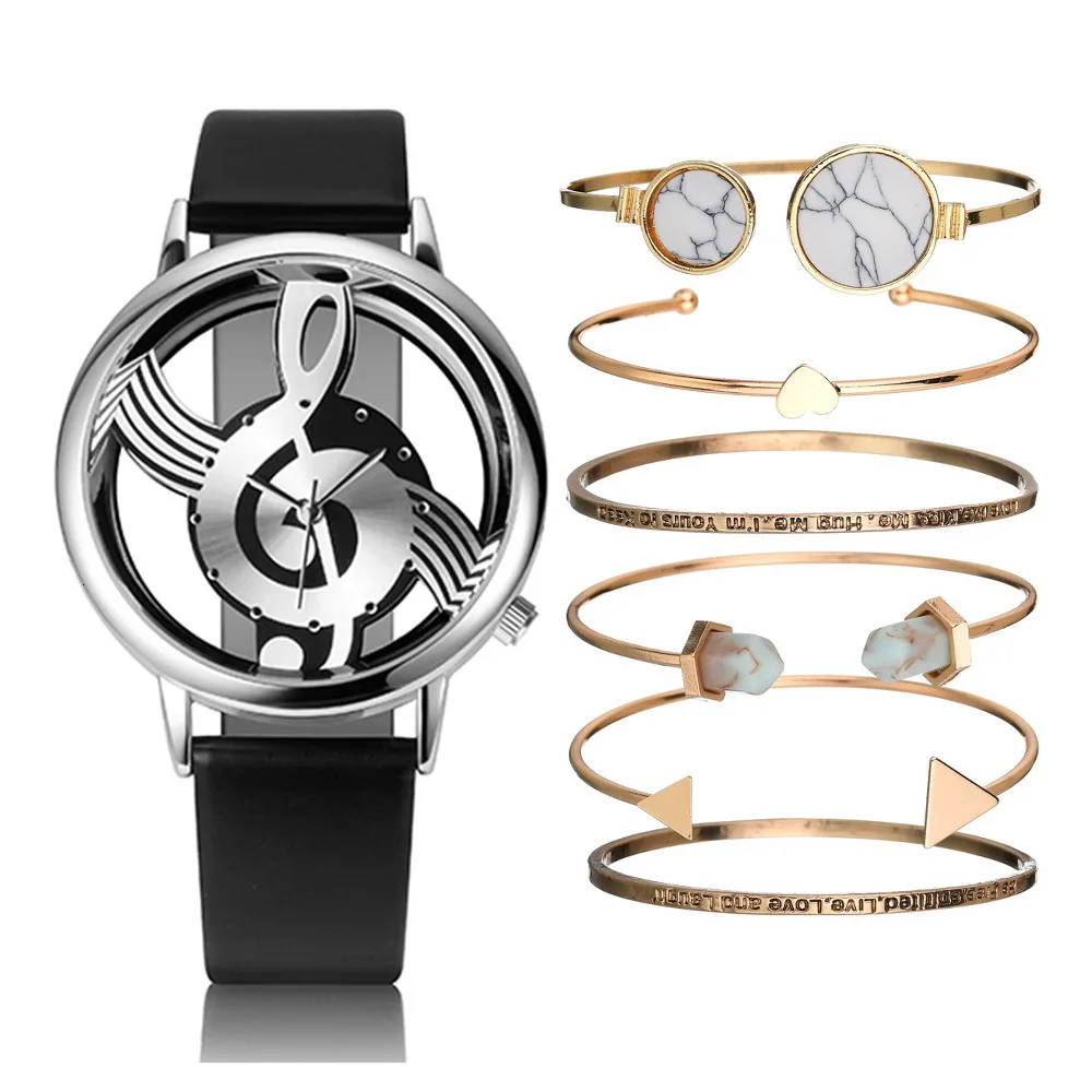 Браслет под старину часы для женщин ювелирные изделия 7 шт. набор полые нот из искусственной кожи роскошные брендовые кварцевые часы женские наручные часы золото