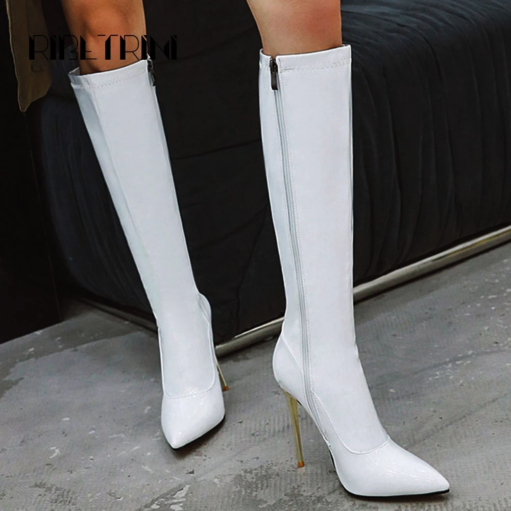 

RIBETRINI Women Patent PU Shoes Woman Sexy Pointed Toe Thin High Heels Zipper Party Knee High Boots Plus Size 34-48