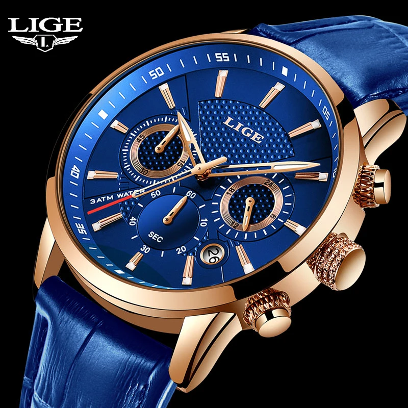 LIGE Fashion Watches Men Top Brand Luxury Blue Watches Waterproof Leather Sport Chronograph Quartz Wrist Watch Male Reloj Hombre