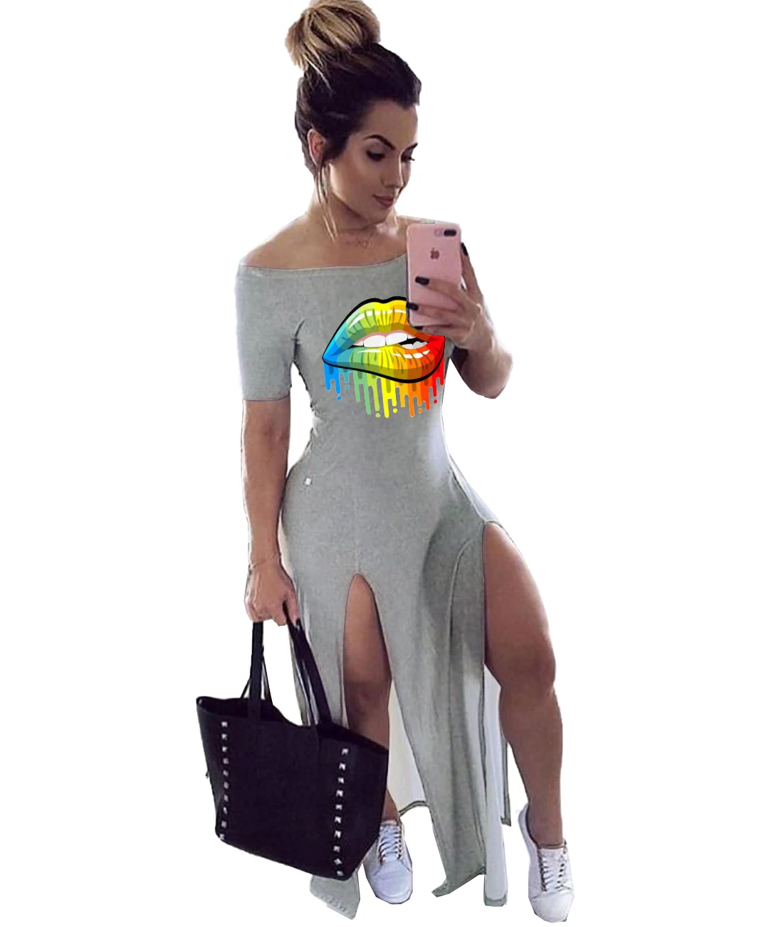 2020 Women Summer Fashion Dress Long Maxi Dress Slash Neck Mouth Print Bandage Beach Night Club Party Dresses Vestido GL5830