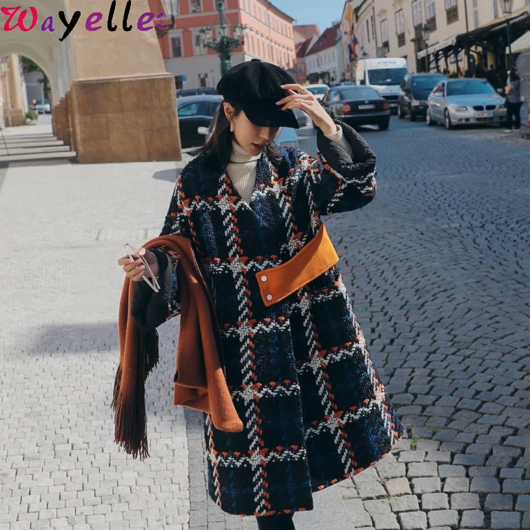 Винтажное твидовое длинное женское пальто 2019, утолщенная теплая зимняя длинная куртка, женское клетчатое длинное шерстяное пальто с