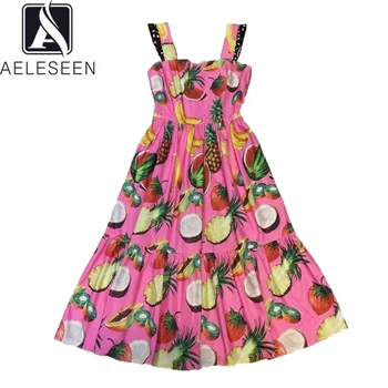 

AELESEEN 2020 Spring New Arrival Runway Design Fruit Print Trumpet Luxury Ruffled Spaghetti Strap Dots Printed Sashes Midi Dress