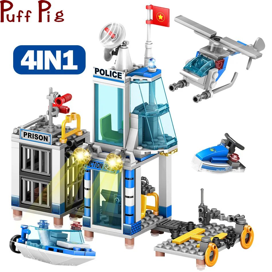 

312pcs 4in1 Maritime Police Station Trucks Helicopter Building Blocks Set legoingly City Boat Figure DIY Bricks Toy for Children