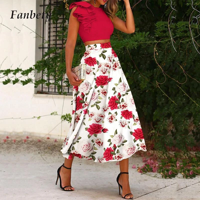 pink sweat suits Women Fashion Floral Printing Two Piece Set Spring Summer Elegant  Commute Sleeveless Chic Top + Long Skirt Outfits 2022 Female tweed two piece set